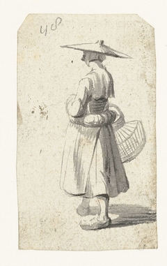 Vrouw met strohoed en een mand voor gevogelte, van achteren by Harmen ter Borch