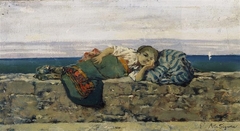 Young peasant girl lying on the parapet by Telemaco Signorini