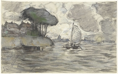 Zeilschepen op het water, bij de oever by Adolf le Comte
