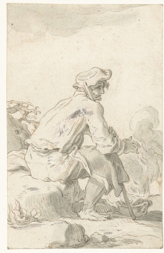 Zittende man bij een vuur by Abraham Bloemaert