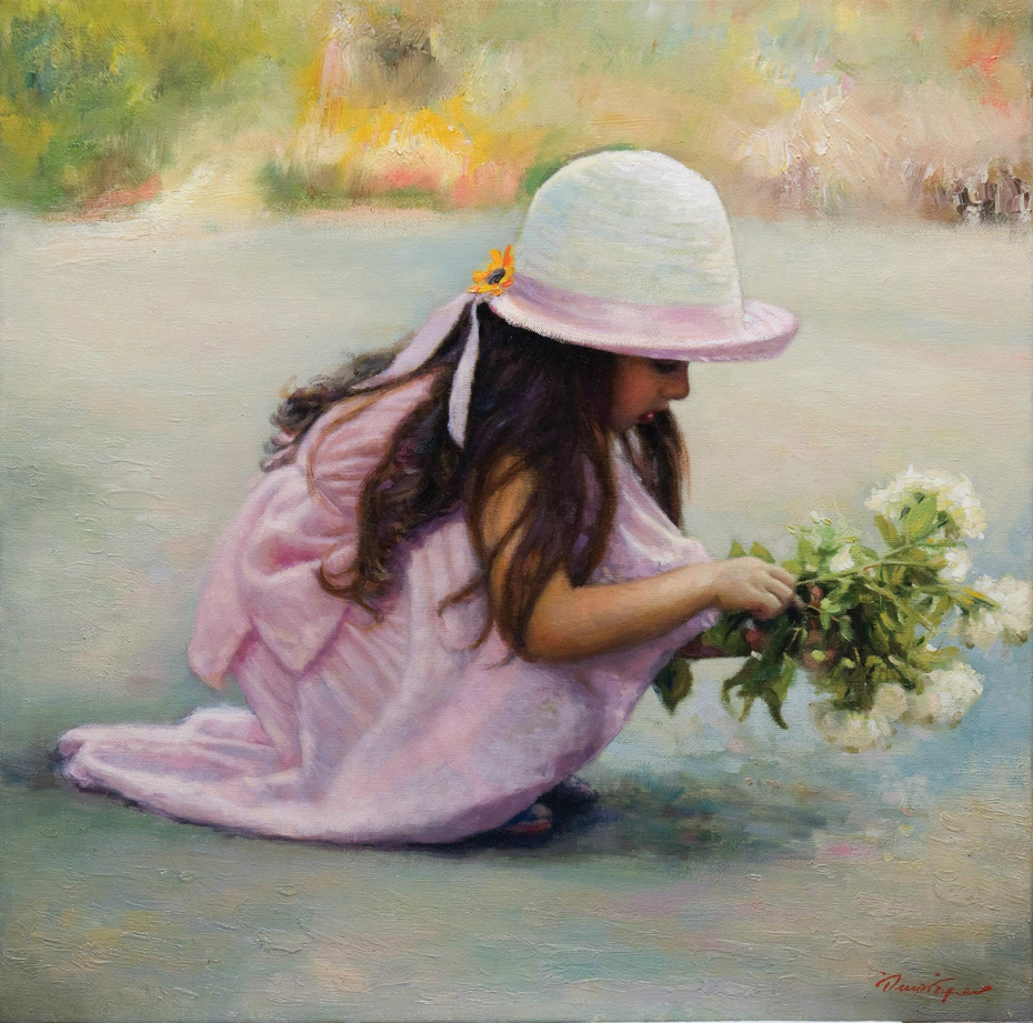 "Little girl with white flowers"