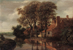 A Farmyard, behind some trees on the banks of a brook