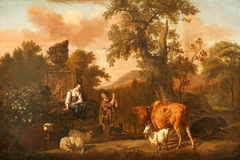 A Landscape with an Antique Tomb with a Ruined Urn, a Herdsboy and Shepherd Girl, Cattle, Sheep,  and a Goat by Dirck van der Bergen