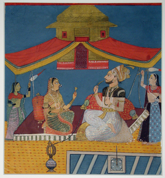 A man smoking a hookah on a terrace, with a woman and two maids by Anonymous
