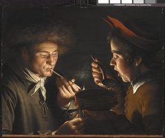 A Man Smoking and Another Man Eating by Candlelight by Willem van der Vliet