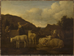 A Shepherd and a Shepherdess with a Flock of Sheep