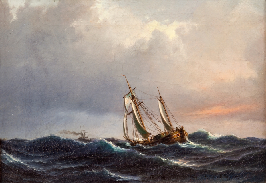 A ship in high seas at sunset