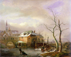 A Winter Landscape with Peasants on a Frozen Millpond by a Village by Ignatius Josephus Van Regemorter