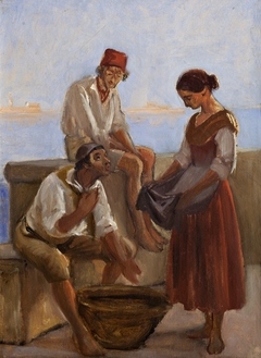 A young girl and two fishermen by Wilhelm Marstrand