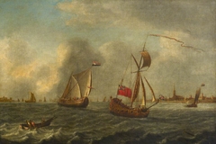 An English yacht in a Dutch harbour by Netherlandish School