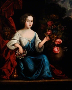 An Unknown Girl in Blue, holding a Rose and Honeysuckle by Anonymous