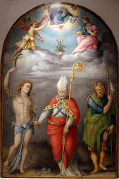 annunciazione con dio padre e i ss. sebastiano, nicola e rocco by Francesco Ubertini called Bacchiacca