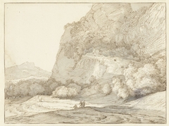Bergachtig landschap met op de voorgrond drie figuren by Jacob Esselens