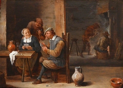 Boors playing Cards in a Tavern Interior by circle of David Teniers the younger