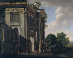 Caprice of a triumphal arch and soldiers by Viviano Codazzi