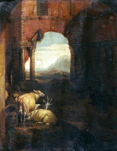 Classical landscape with sheep and goat