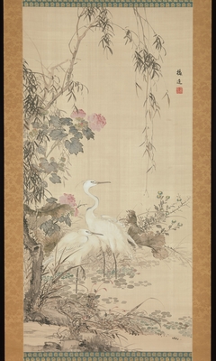 Egrets, Peonies, and Willows by Yamamoto Baiitsu