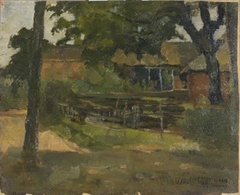 Farmstead in Het Gooi, viewed between trees and over fence by Piet Mondrian