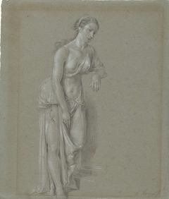 Figuurstudie van een vrouw in een klassiek gewaad, driekwart naar rechts staand by Hendrik Hoogers