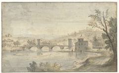 Gezicht op de Ponte Molle te Rome by Caspar van Wittel