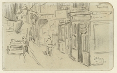 Gezicht op een slingerende winkelstraat met een man met een kar by Jan Toorop