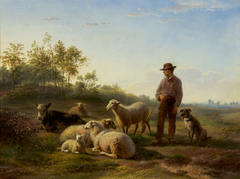 Herder met hond en stok bij zijn kudde by Frans Lebret