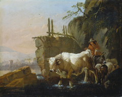 Herdsmen Driving Cattle through a Ford