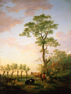 Hollands landschap met vee bij boerderij by Jacob van Strij