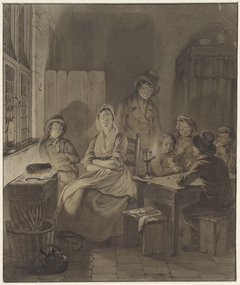 Interieur met groep mensen rond tafel bij kaarslicht by Willem Pieter Hoevenaar