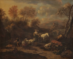 Italian landscape with two shepherdesses by Johannes van der Bent