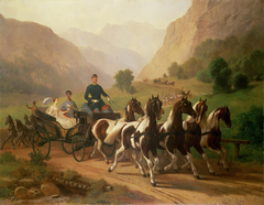 Kaiser Franz Joseph (1830 - 1916) und seine Braut bei einer Ausfahrt in der Umgebung von Ischl by Johann Erdmann Gottlieb Prestel