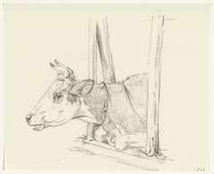 Kop van een koe, liggend in een stal, naar links by Jean Bernard