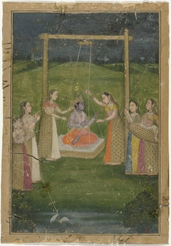 Krishna op een schommel by Unknown Artist