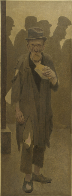 La Bouchée de pain : vieil homme en haillons, de face, tenant un morceau de pain by Fernand Pelez