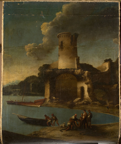 Landscape with fishermen and a tower by Antonio Travi