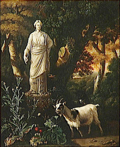 Landscape with goats at the foot of a statue