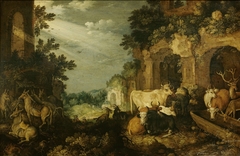 Landscape with ruins, cattle and deer