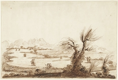 Landschap met figuren en op de voorgrond een kale wilg by Unknown Artist