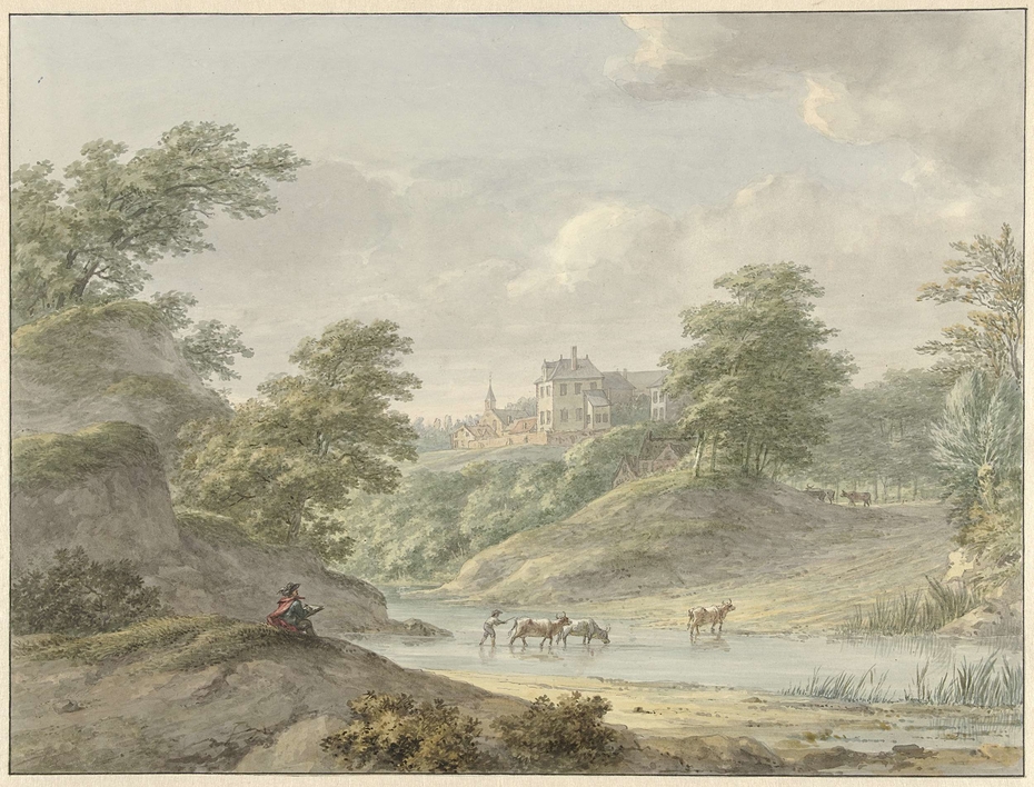 Landschap met zittende tekenaar en kasteel aan water