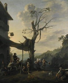 Mountainous landscape with peasants dancing and playing music before an inn