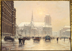 Notre-Dame vue de la place de l'Hôtel de Ville, par temps de neige by Henry Malfroy