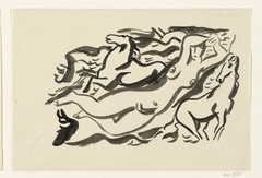 Ontwerp voor een vignet: naakte vrouw en twee paard met de zee op de achtergrond by Leo Gestel