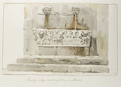 Oude sarcofaag als fontein in Messina by Louis Ducros