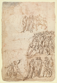 Page from a Sketchbook Depicting a City under Siege and a Scene of Homage(?) (recto); standing figures and a horseman; male and female figures; a battle scene (verso)