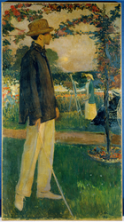 Portrait de Jean Cocteau (1889-1963), écrivain, dans le jardin d'Offranville