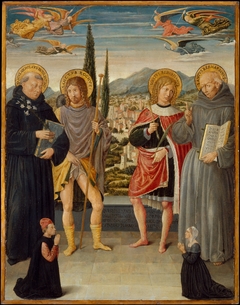 Saints Nicholas of Tolentino, Roch, Sebastian, and Bernardino of Siena, with Kneeling Donors