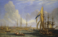 Scene in Plymouth Sound in August 1815 Sub-Title: The 'Bellerophon' with Napoleon Aboard at Plymouth (26 July - 4 August 1815) by John James Chalon