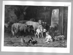 Schafstall mit Schafen und Kind by Friedrich Otto Gebler
