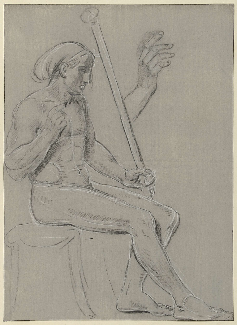 Schets van een zittend mannelijk naakt en een detailschets van een hand