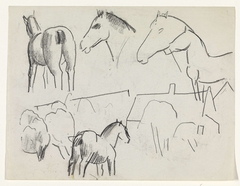 Schetsblad met studies van paarden en enkele huizen by Leo Gestel